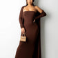 Two Piece for Women Sexy off the Shoulder Bodycon Midi Dresses with Long Cardigan Jackets Coffee