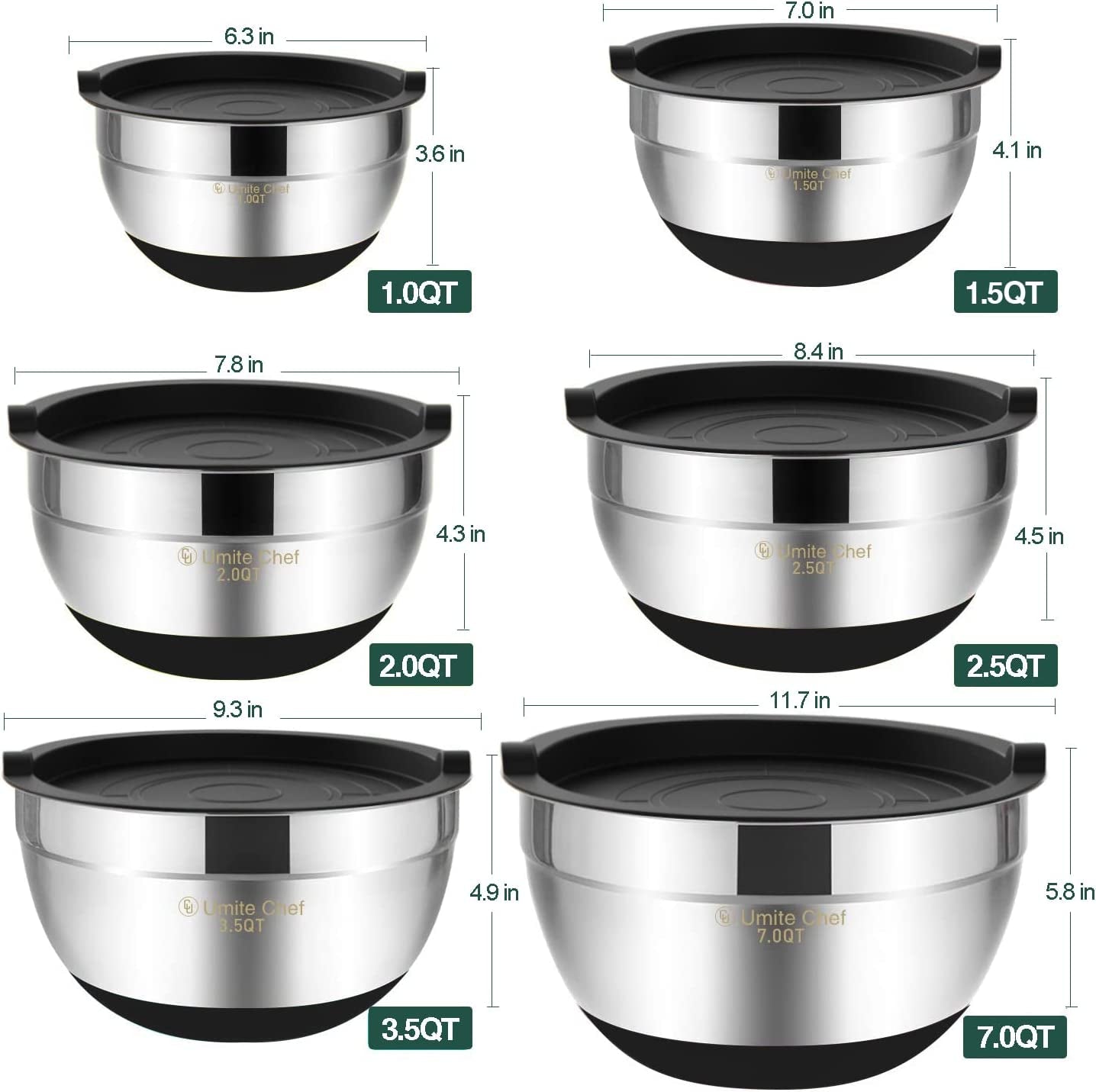 Mixing Bowls with Airtight Lids，6 Piece Stainless Steel Metal Nesting Storage Bowls, Non-Slip Bottoms Size 7, 3.5, 2.5, 2.0,1.5, 1QT, Great for Mixing & Serving(Black)