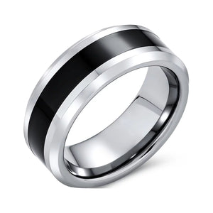 Mens Simple Two Tone Tungsten Wedding Band: Black Center Silver Beveled Edge Men'S Ring