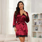 Sexy Lingerie,  Silk Satin Pajamas for Women, Womens Summer Pajamas Pjs Sets of 4 Pcs with Floral Lace Top Shorts and Robe, Gift for Women, Burgundy, XXL