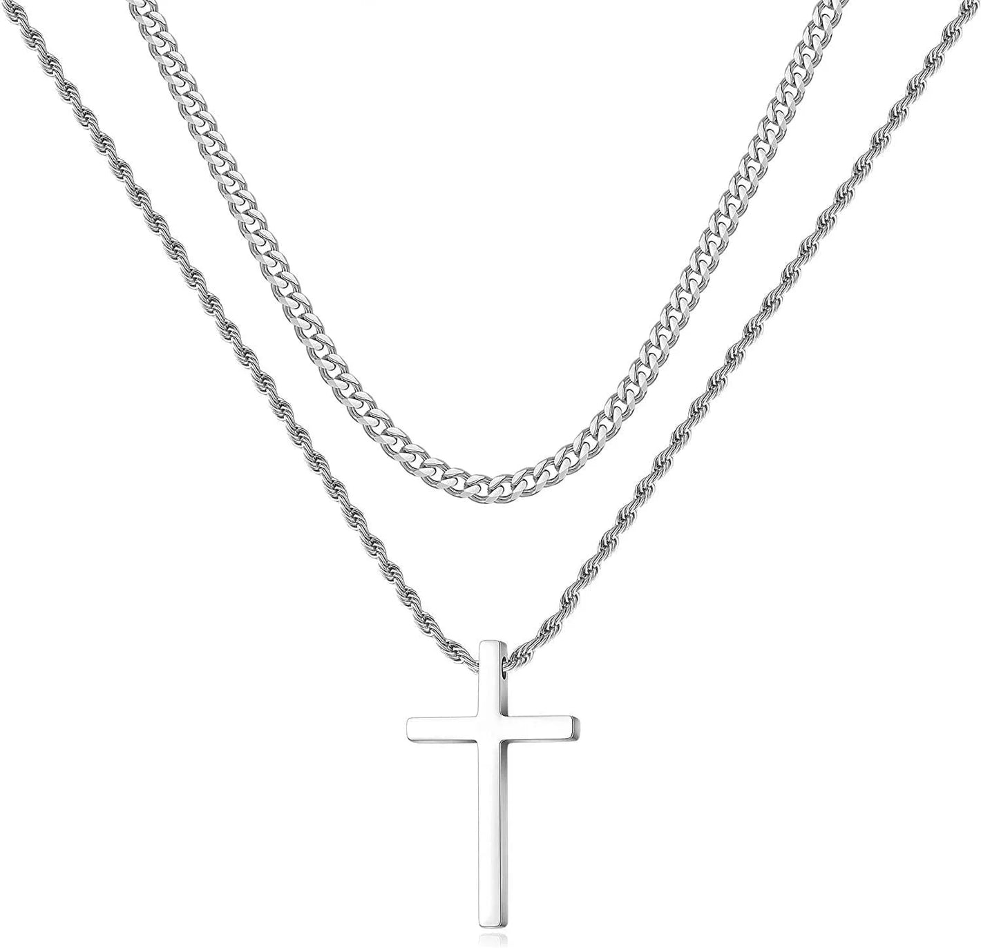 Stainless Steel Cross Necklaces for Men Layered Cuban Link Chain Rope Chain Mens Cross Necklaces Black Silver Gold Cross Pendant Necklace for Men Women 16-26 Inches