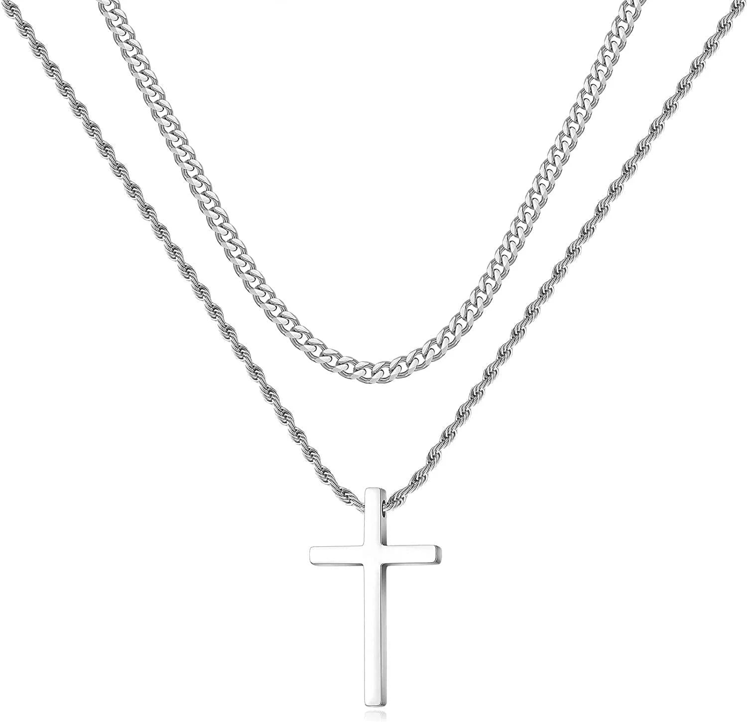 Stainless Steel Cross Necklaces for Men Layered Cuban Link Chain Rope Chain Mens Cross Necklaces Black Silver Gold Cross Pendant Necklace for Men Women 16-26 Inches