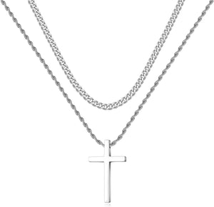 Stainless Steel Cross Necklaces for Men Layered Cuban Link Chain Rope Chain Mens Cross Necklaces Black Silver Gold Cross Pendant Necklace for Men Women 16-26 Inches