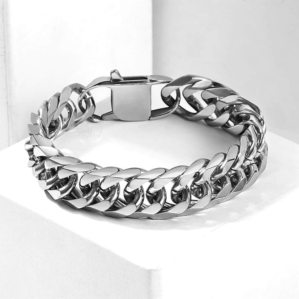 15Mm Wide 8 Inch Curb Cuban Rombo Mens 316L Stainless Steel Chain Bracelet Silver