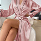 Solid Satin Night Robe Elegant Long Sleeve V Neck Pajamas with Belt Sexy Women Sleepwear