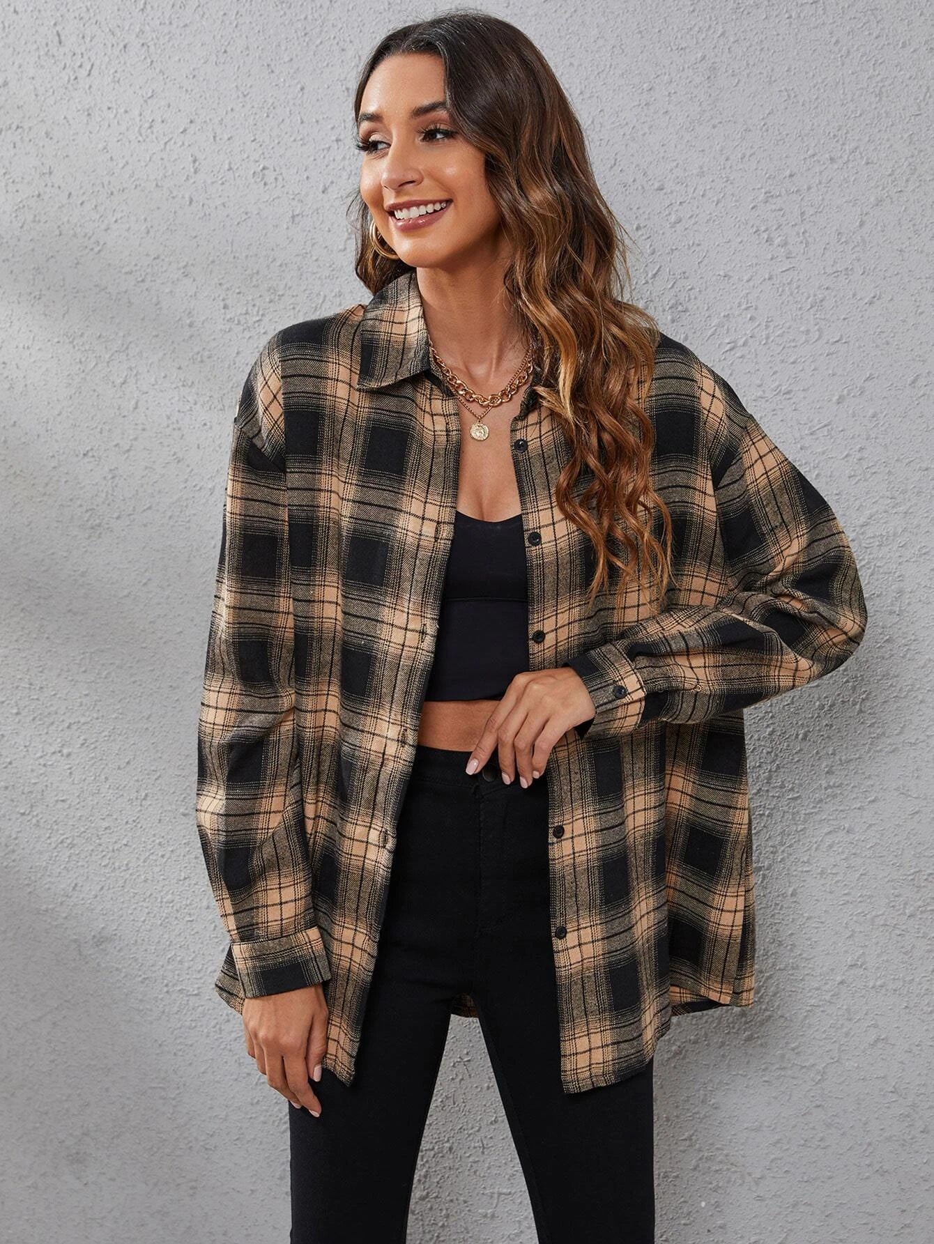 SHEIN LUNE Plaid Print Drop Shoulder Shirt