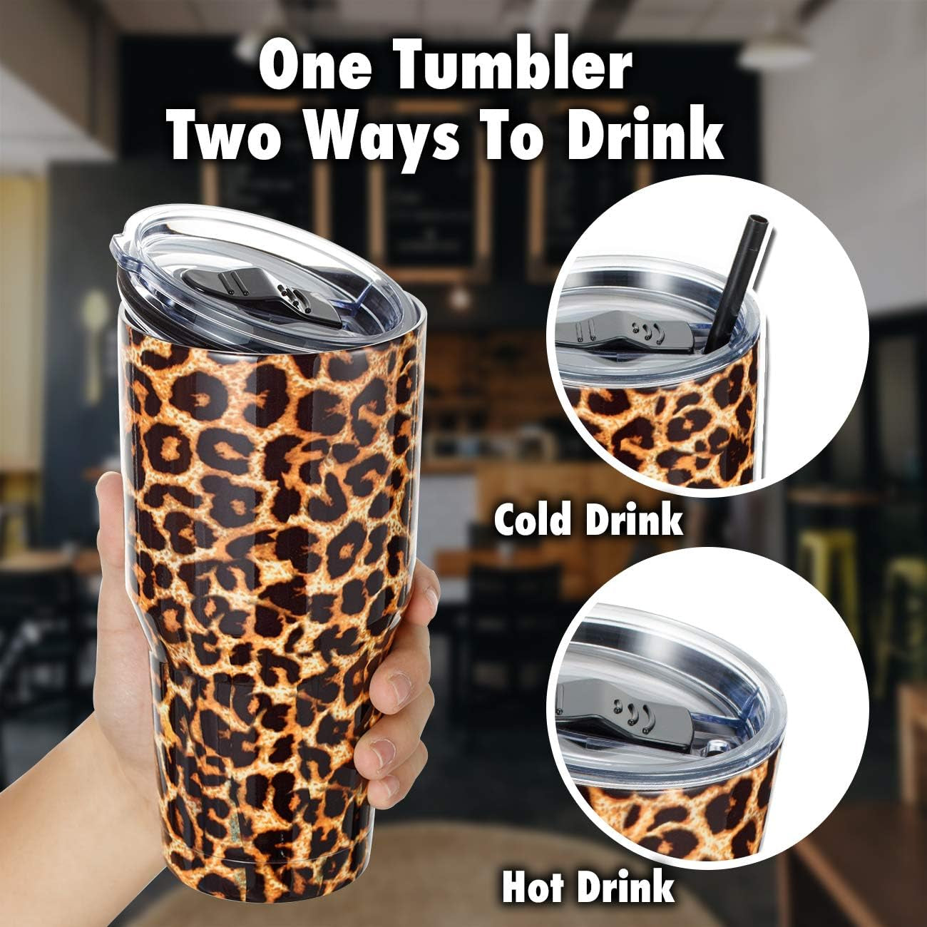 30Oz Stainless Steel Tumbler, Insulated Coffee Tumbler Cup with Lid and Straw, Double Walled Travel Coffee Mug for Hot & Cold Drinks (Leopard, 1 Pack)