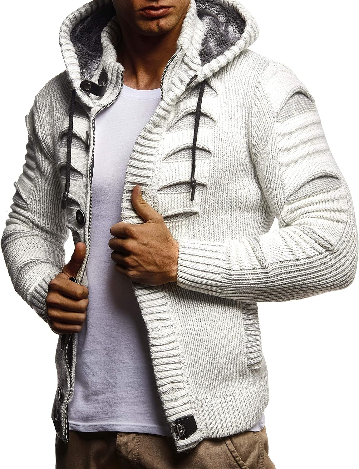 Men'S Stylish Knit Sweater with Buttons | Knitted Sweatshirt Pullover with Hood | Warm for Winter | LN5605