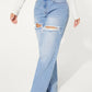 SHEIN SXY Single Button Cut Out Ripped Frayed Wide Leg Jeans