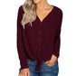 Womens Loose Blouse Long Sleeve V Neck Button down T Shirts Tie Front Knot Casual Tops Wine Red L