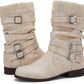 Womens Slouchy Mid Calf Boots Buckle Strap Low Chunky Heel round Toe Faux Leather Winter Riding Booties