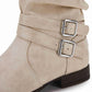 Womens Slouchy Mid Calf Boots Buckle Strap Low Chunky Heel round Toe Faux Leather Winter Riding Booties