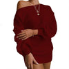 Womens Dresses Spring Fashion Cold Shoulder Lantern Sleeve Casual Plain Long Sleeve Daily Mini Knit Sweater Dress Woman Clothing - Wine Red