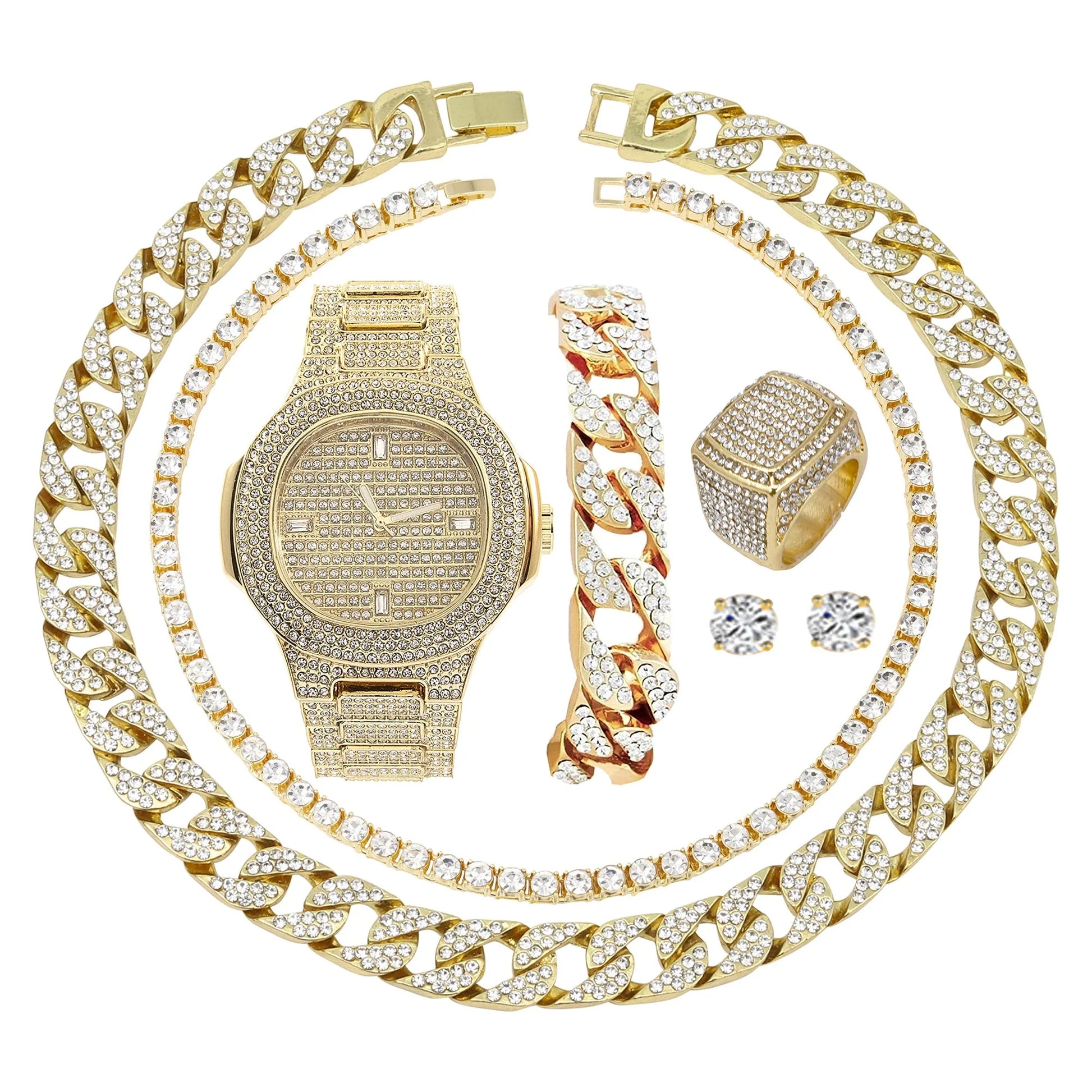 Gold Plated Bling-Ed Out Oblong Case Metal Mens Watch W/Matching Cuban Chain Bracelet, Cuban Necklace, Tennis Chain & Ring Size 9- 8967CRNTG (9)