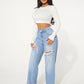 SHEIN SXY Single Button Cut Out Ripped Frayed Wide Leg Jeans