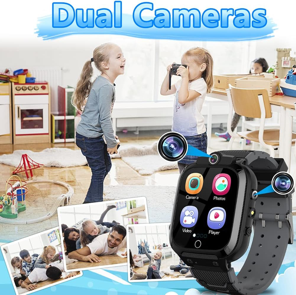 Kids Game Smart Watch for Boys Girls with Dual Camera Video Recording 14 Puzzle Games Music Player Flashlight Alarm Clock Calculator 12/24 Hr Touch Screen Children Age 4-12 Learning Toys (Black)