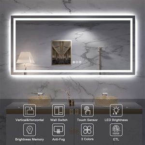 60"X28" LED Bathroom Mirror for Wall, Backlit + Front-Lighted Vanity Mirror, Dimmable Makeup Mirrors, Anti-Fog, Memory, 3 Colors, Shatterproof, ETL Listed