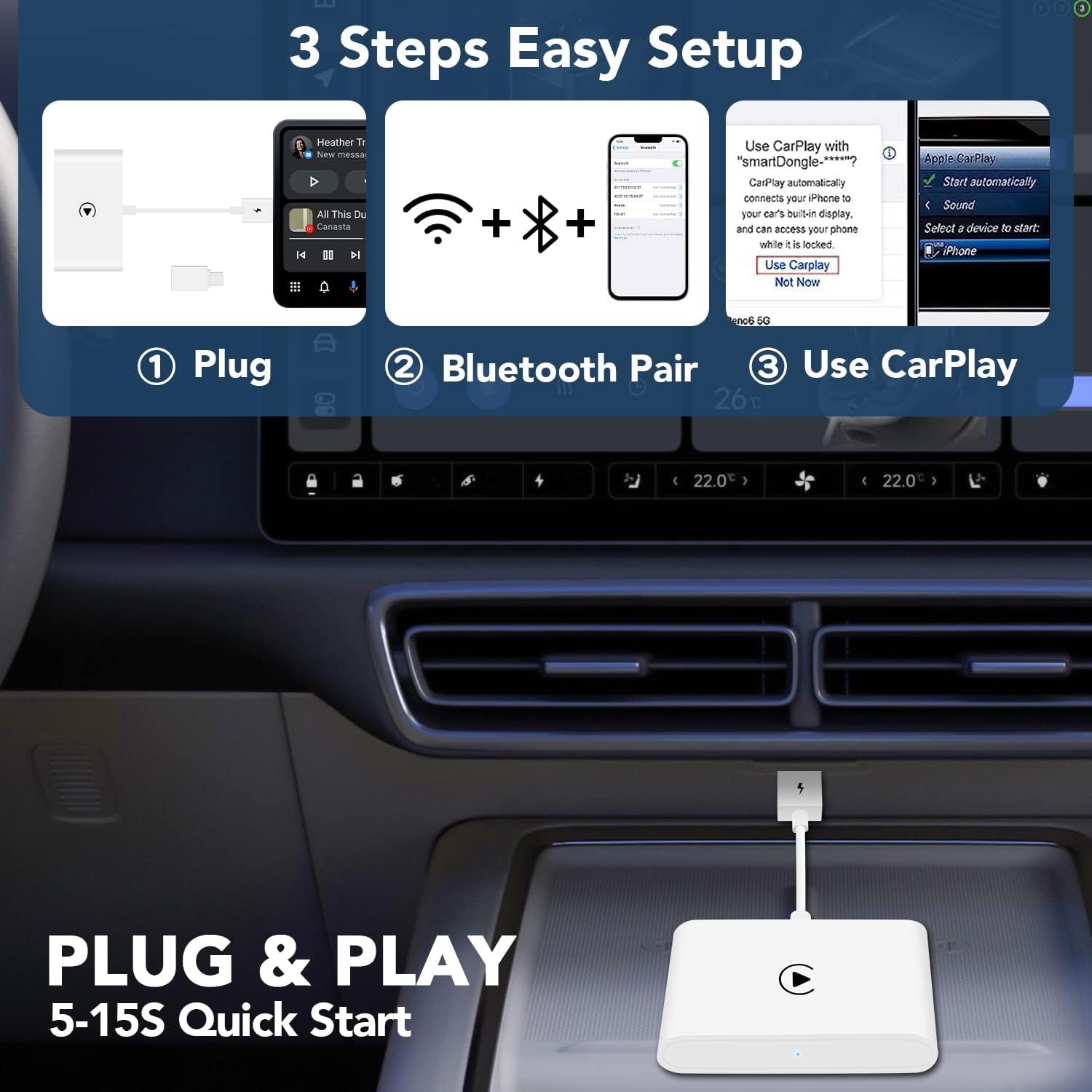 Wireless Carplay Adapter for Apple Carplay Wireless Adapter Convert Wired to Wireless Carplay Dongle for Wireless Control Plug & Play Fit for Cars from 2015 for Iphone, White