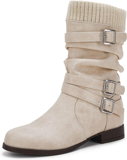 Womens Slouchy Mid Calf Boots Buckle Strap Low Chunky Heel round Toe Faux Leather Winter Riding Booties