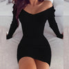 Sexy off Shoulder Long Sleeve Bodycon Dress for Women 2024 Spring Autumn White Knitted Sweater Mini Woman Dresses Robe Femme - Black