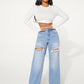 SHEIN SXY Single Button Cut Out Ripped Frayed Wide Leg Jeans