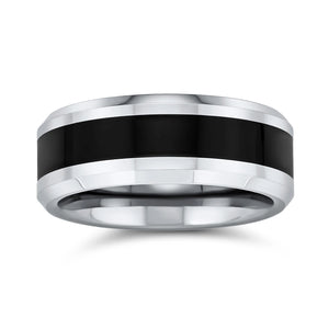 Mens Simple Two Tone Tungsten Wedding Band: Black Center Silver Beveled Edge Men'S Ring