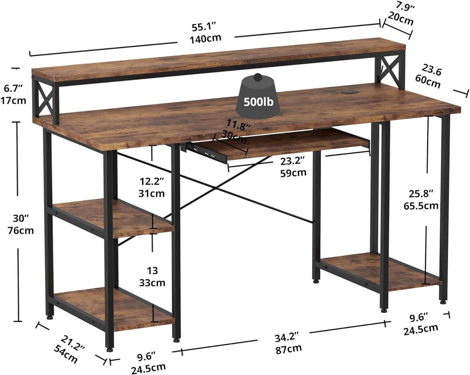 Computer Desk 55", Home Office Desk with Keyboard Tray, Monitor Stand, Storage Shelf, Industrial Studying Writing Table, Vintage Brown
