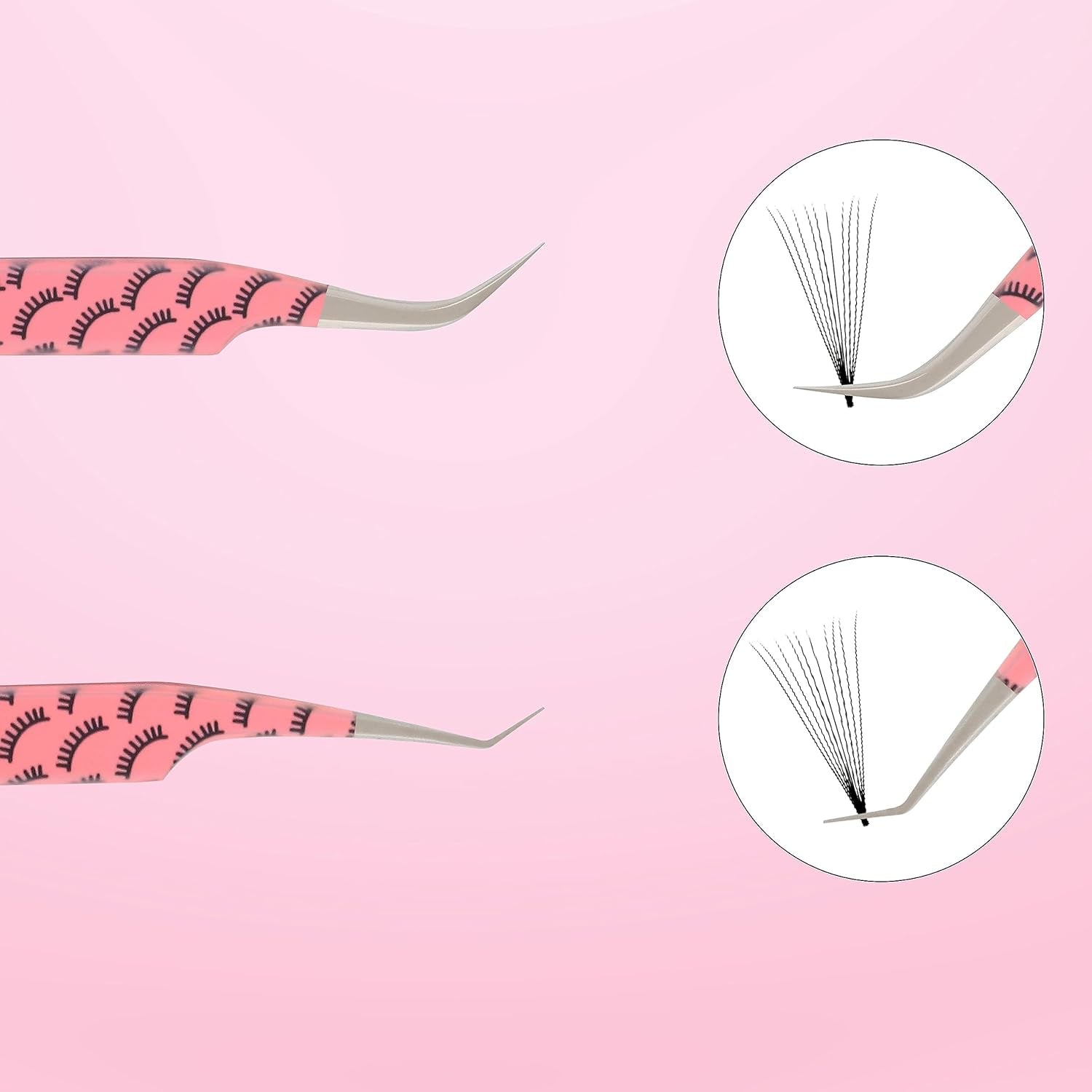 Fiber Tip Eyelash Extension Tweezers Japanese Stainless Steel Two Piece Curved & 45 Deggree Lash Tweezer (Baby Pink)