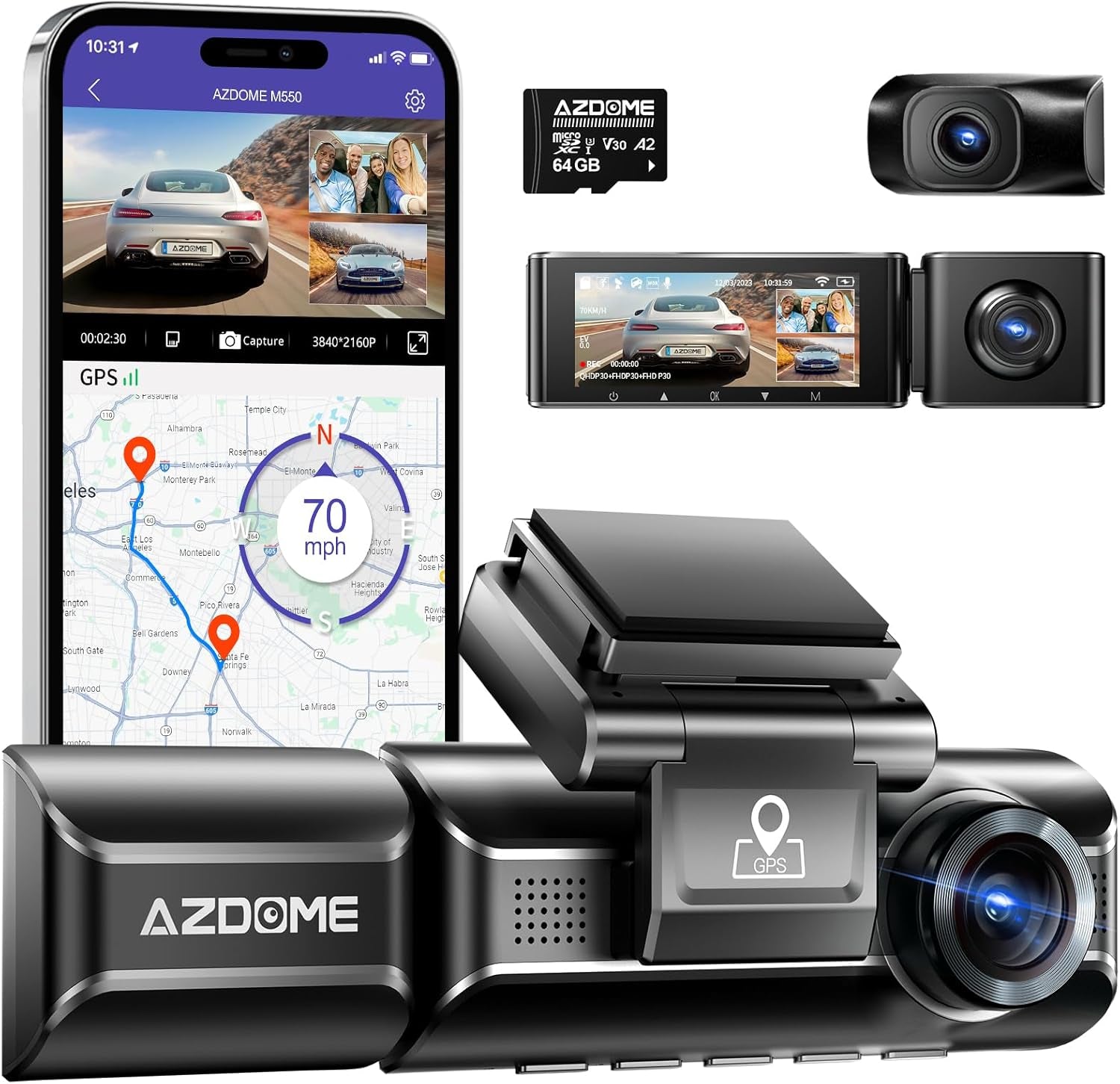 M550 3 Channel Dash Cam, 4K+2.5K Dual Dash Camera for Cars Built-In Wifi GPS, 1440P+1080P+1440P Front and Rear Inside, 64GB Card Included, 3.19" IPS Screen, WDR, IR Night Vision, Parking Mode