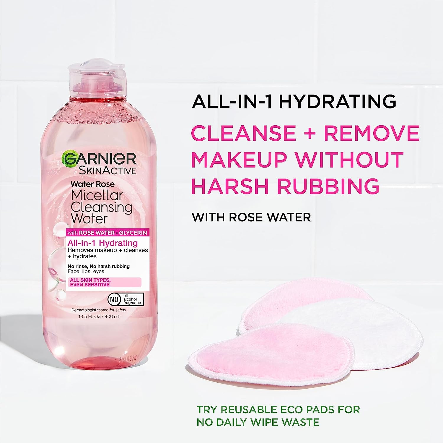 Micellar Water with Rose Water and Glycerin, Hydrating Facial Cleanser & Makeup Remover, for All Skin Types, Vegan, Cruelty Free, 13.5 Fl Oz (400Ml), 1 Count