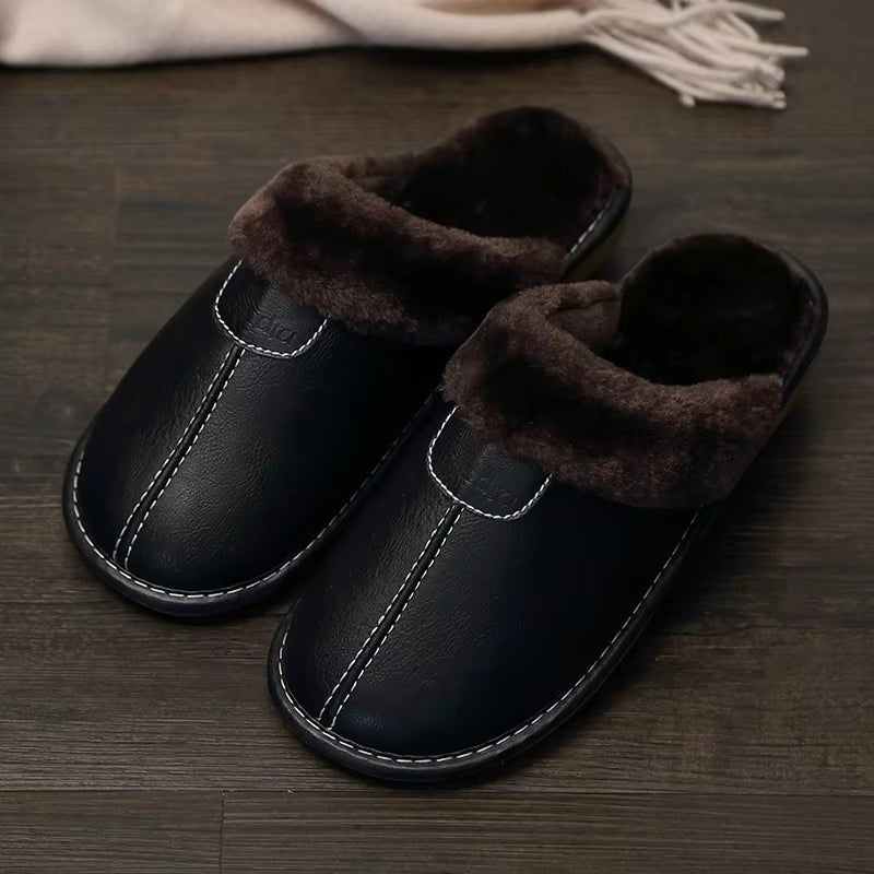 Men Winter Leather Slippers Bedroom Cotton Slippers Waterproof Thick plus Velvet Indoor Warm House Home Slippers Shoes Fashion