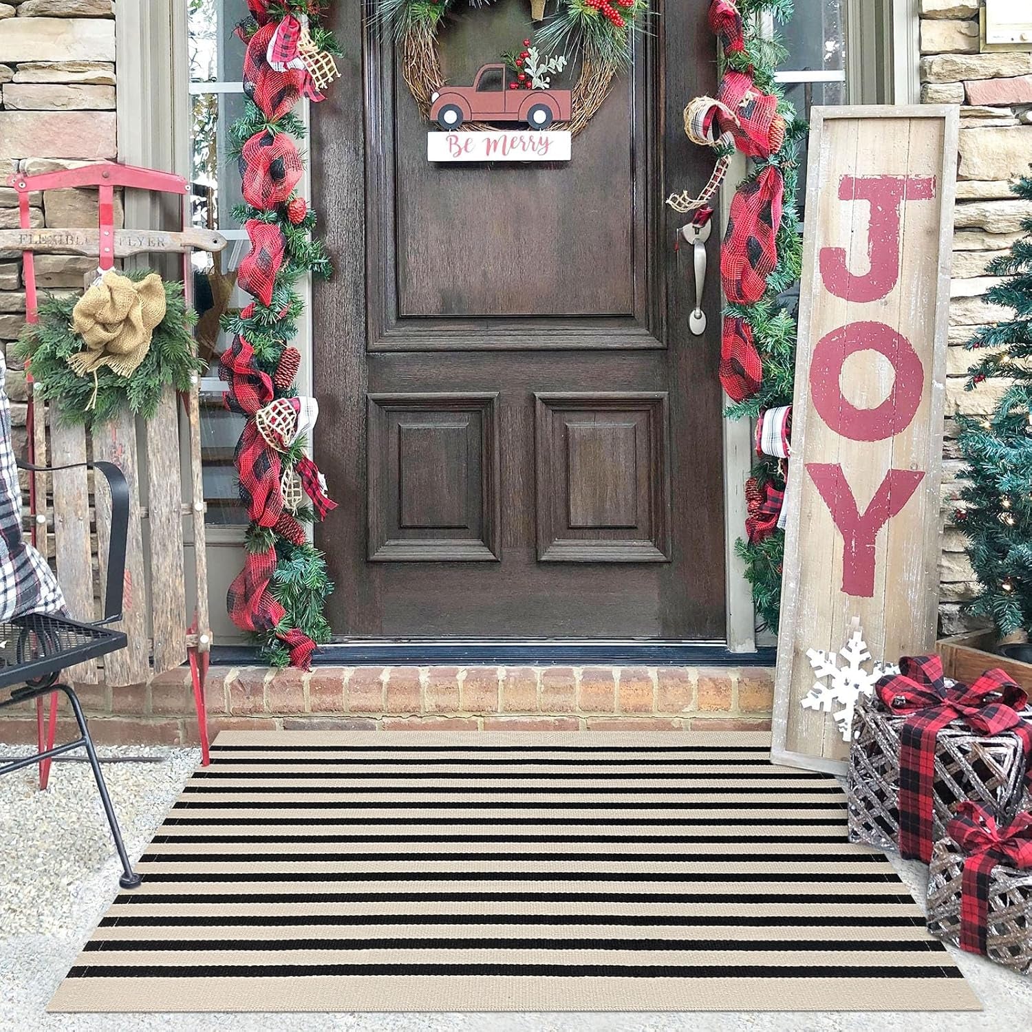 Beige Striped Rug 2.3'X3.6' Indoor Outdoor Rugs Front Door Mat Hand Woven Cotton Washable Striped Layered Doormats for Front Porch/Kitchen/Farmhouse/Entryway/Patio