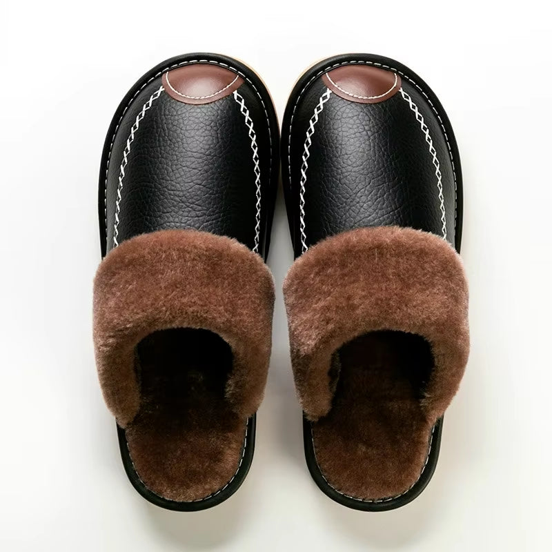 Men Winter Leather Slippers Bedroom Cotton Slippers Waterproof Thick plus Velvet Indoor Warm House Home Slippers Shoes Fashion