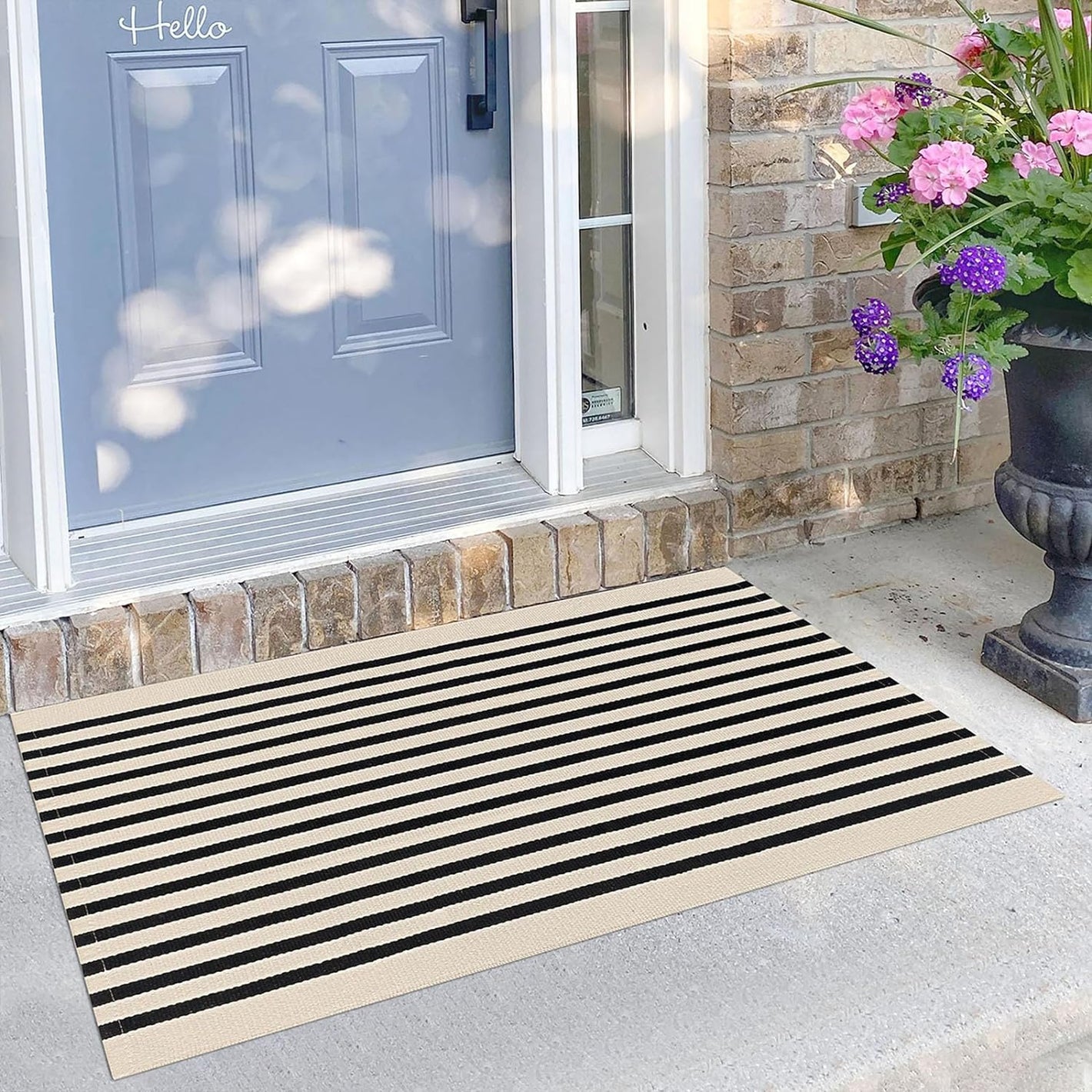 Beige Striped Rug 2.3'X3.6' Indoor Outdoor Rugs Front Door Mat Hand Woven Cotton Washable Striped Layered Doormats for Front Porch/Kitchen/Farmhouse/Entryway/Patio