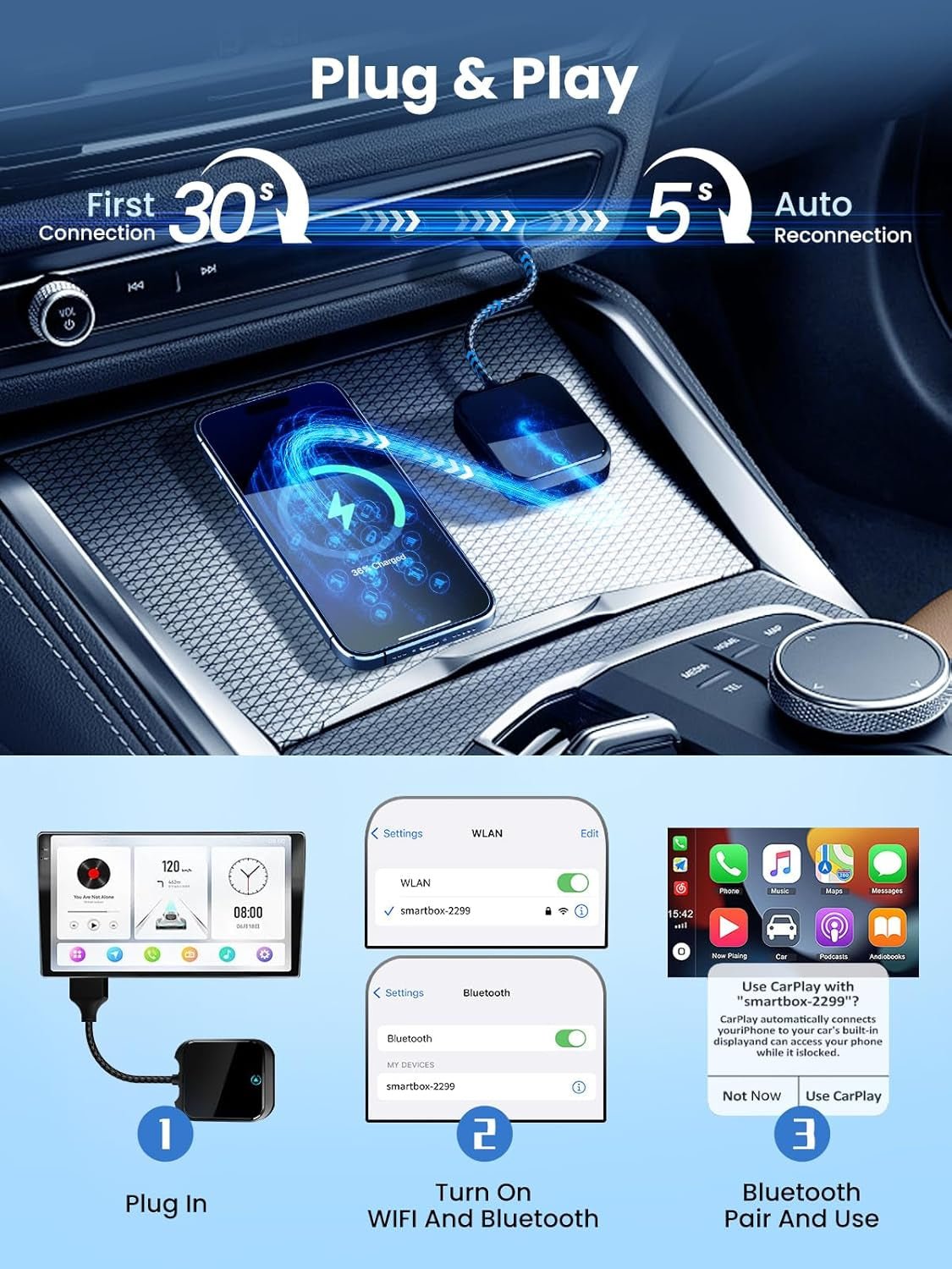 2-In-1 Wireless Carplay and Android Auto Adapter with Fast Stable 5Ghz Wifi Bluetooth, Wireless Carplay Adapter Applies to Cars after 2016 & Phone with Ios 10+& Usb-A/Type-C