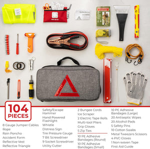 Emergency Car Kits for Vehicles - Roadside Emergency Car Kit (104 Pieces) - Car Kits for Emergency - Roadside Car Kit with Jumper Cables and Mini First Aid Kit - Gray Bag