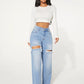 SHEIN SXY Single Button Cut Out Ripped Frayed Wide Leg Jeans