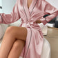 Solid Satin Night Robe Elegant Long Sleeve V Neck Pajamas with Belt Sexy Women Sleepwear