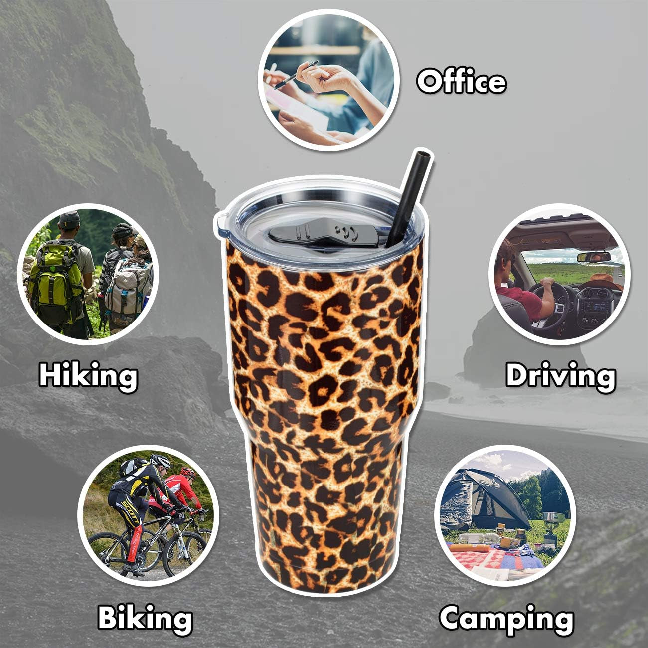 30Oz Stainless Steel Tumbler, Insulated Coffee Tumbler Cup with Lid and Straw, Double Walled Travel Coffee Mug for Hot & Cold Drinks (Leopard, 1 Pack)