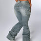 ICON Women'S Patchwork Fringe Ruffle Flare Fashionable Casual Versatile Stacked Jeans