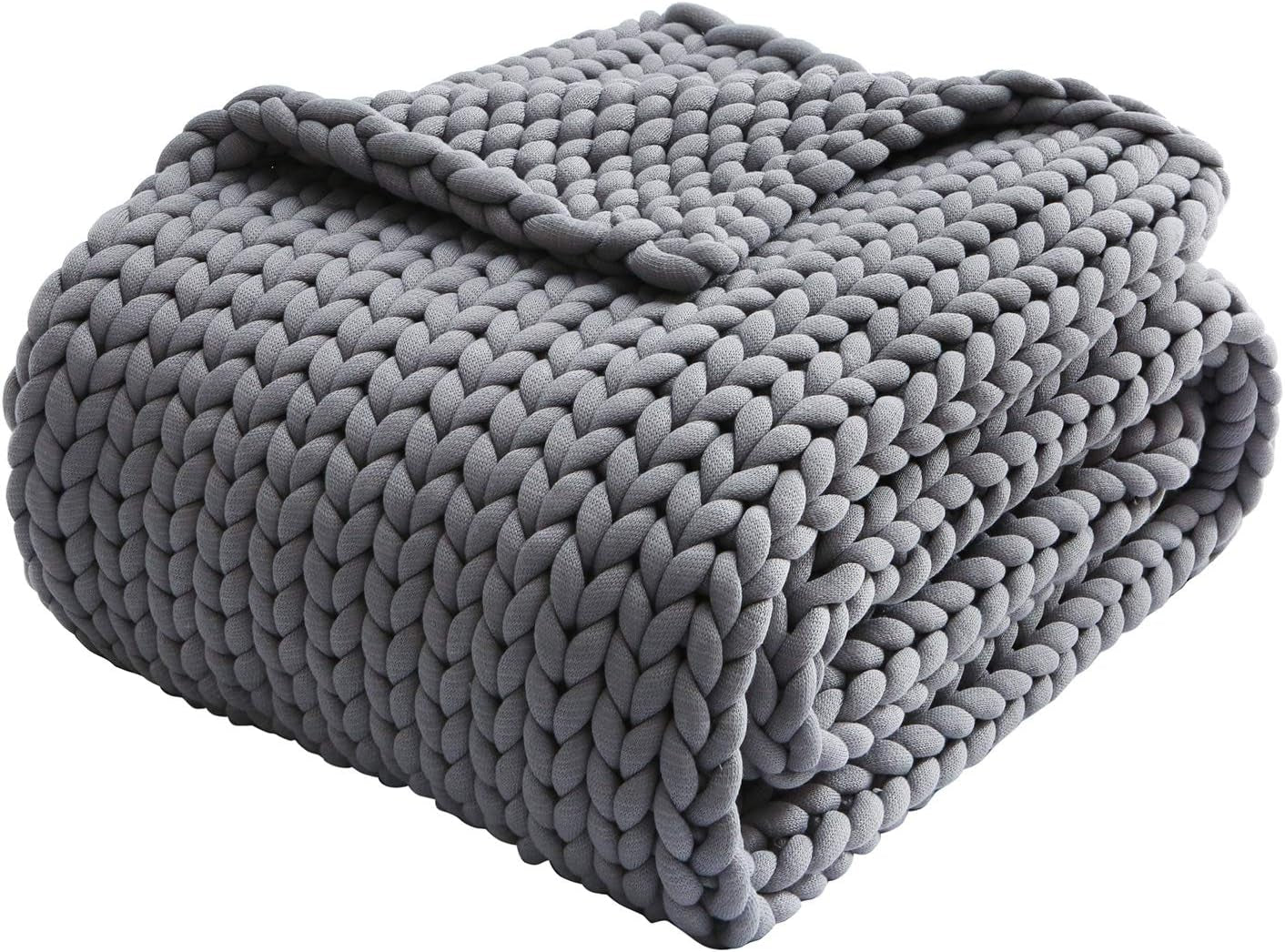 Chunky Knitted Weighted Blanket (Light Grey, 48''X72'', 12 Lbs), Cool Weighted Blanket Twin Size for Couch Bed, Handmade Breathable Evenly Weighted Throw for Sleep, Perfect for Home Decor