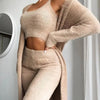 Fall Winter Fashion Women Sweater Pajamas Set Cozy Lounge Wear Fuzzy Fleece Sleepwear with Robe 3 Pieces Lounge Wear Sets - Khaki