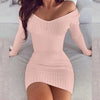 Sexy off Shoulder Long Sleeve Bodycon Dress for Women 2024 Spring Autumn White Knitted Sweater Mini Woman Dresses Robe Femme - Khaki