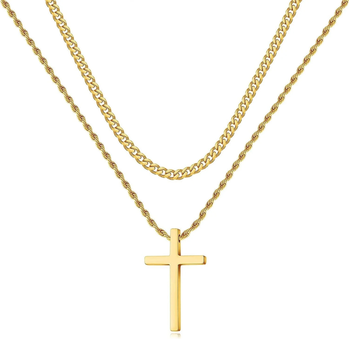 Stainless Steel Cross Necklaces for Men Layered Cuban Link Chain Rope Chain Mens Cross Necklaces Black Silver Gold Cross Pendant Necklace for Men Women 16-26 Inches