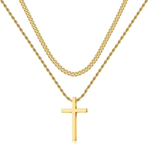 Stainless Steel Cross Necklaces for Men Layered Cuban Link Chain Rope Chain Mens Cross Necklaces Black Silver Gold Cross Pendant Necklace for Men Women 16-26 Inches