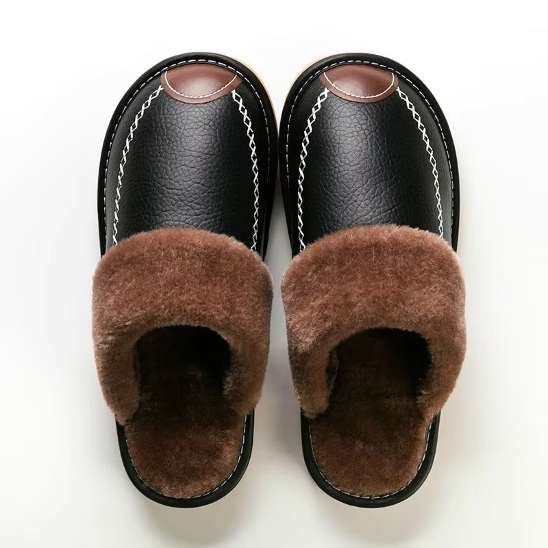 Men Winter Leather Slippers Bedroom Cotton Slippers Waterproof Thick plus Velvet Indoor Warm House Home Slippers Shoes Fashion