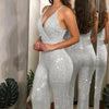 Women Elegant Sleeveless Sequined Glitter Shiny Jumpsuit Trousers Wide Leg Pants Sexy Slim Fit Backless Jumpsuit Romper Overalls - Silver (350853_361385)