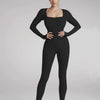 New Threaded Fabric High Quality Women Jumpsuits Long Sleeve Shapewear Hip Lift Yoga Exercise One Piece Jumpsuit with Long Pants - Black