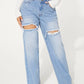 SHEIN SXY Single Button Cut Out Ripped Frayed Wide Leg Jeans