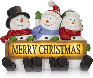 Glowing Merry Christmas Sign Trio LED Snowman Decor Christmas Figurines Resin Lighted Snowman Decorations Holiday Light up Snowman Indoor Festive Fiber Optic Decorations